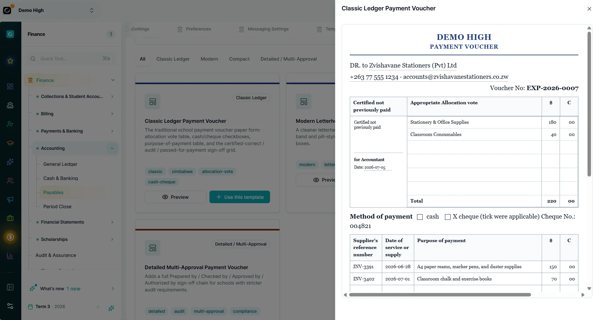 Payment vouchers — Makronexus product screen