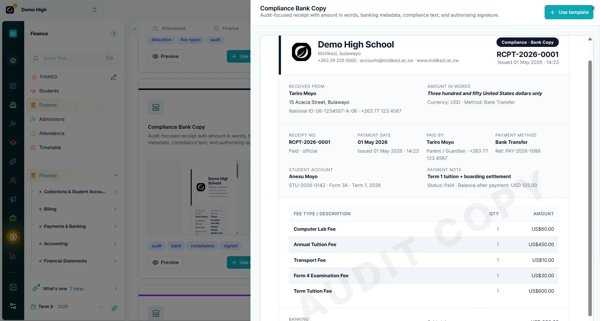 Receipts — Makronexus product screen
