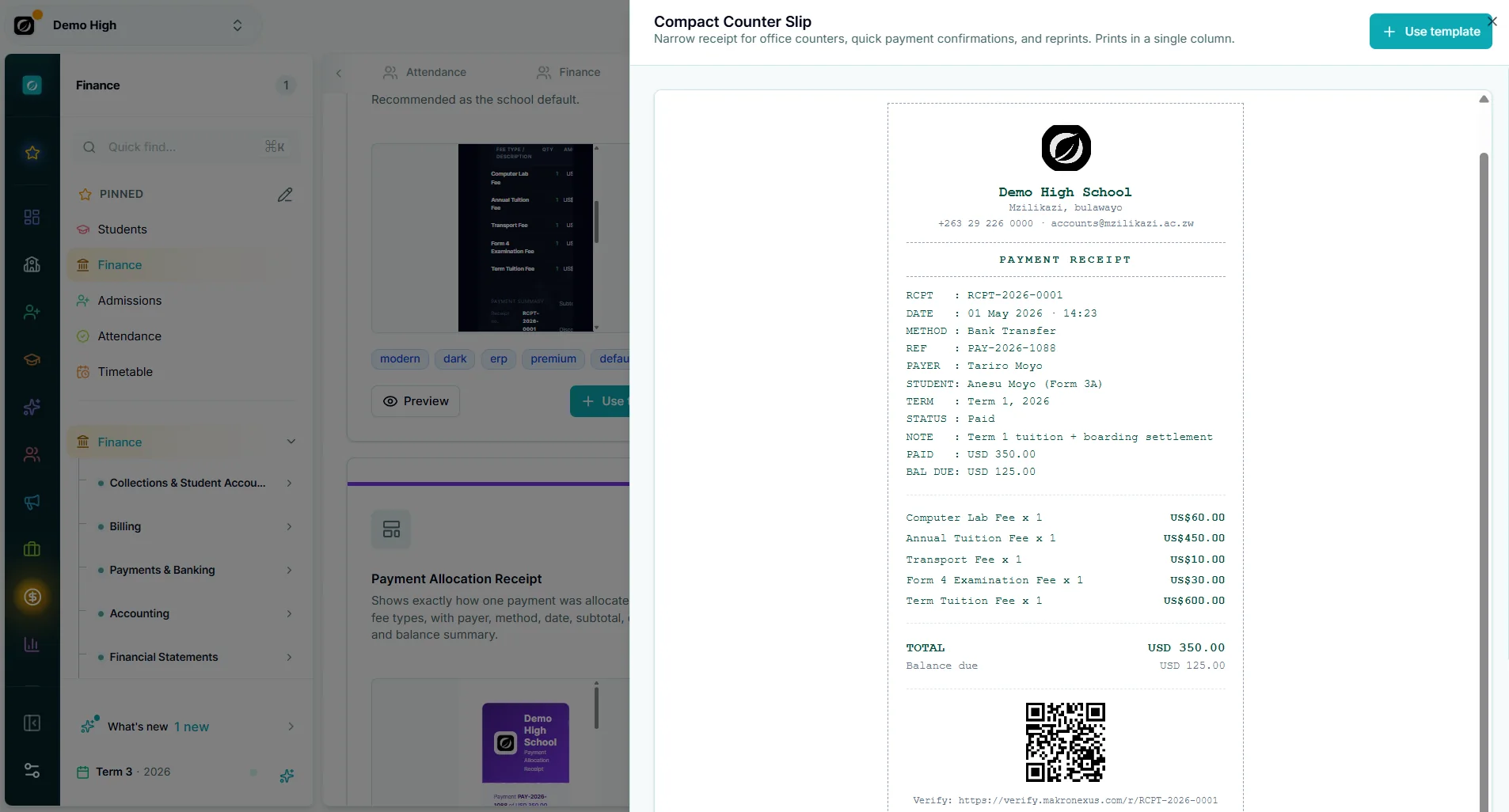 Receipts — Makronexus product screen