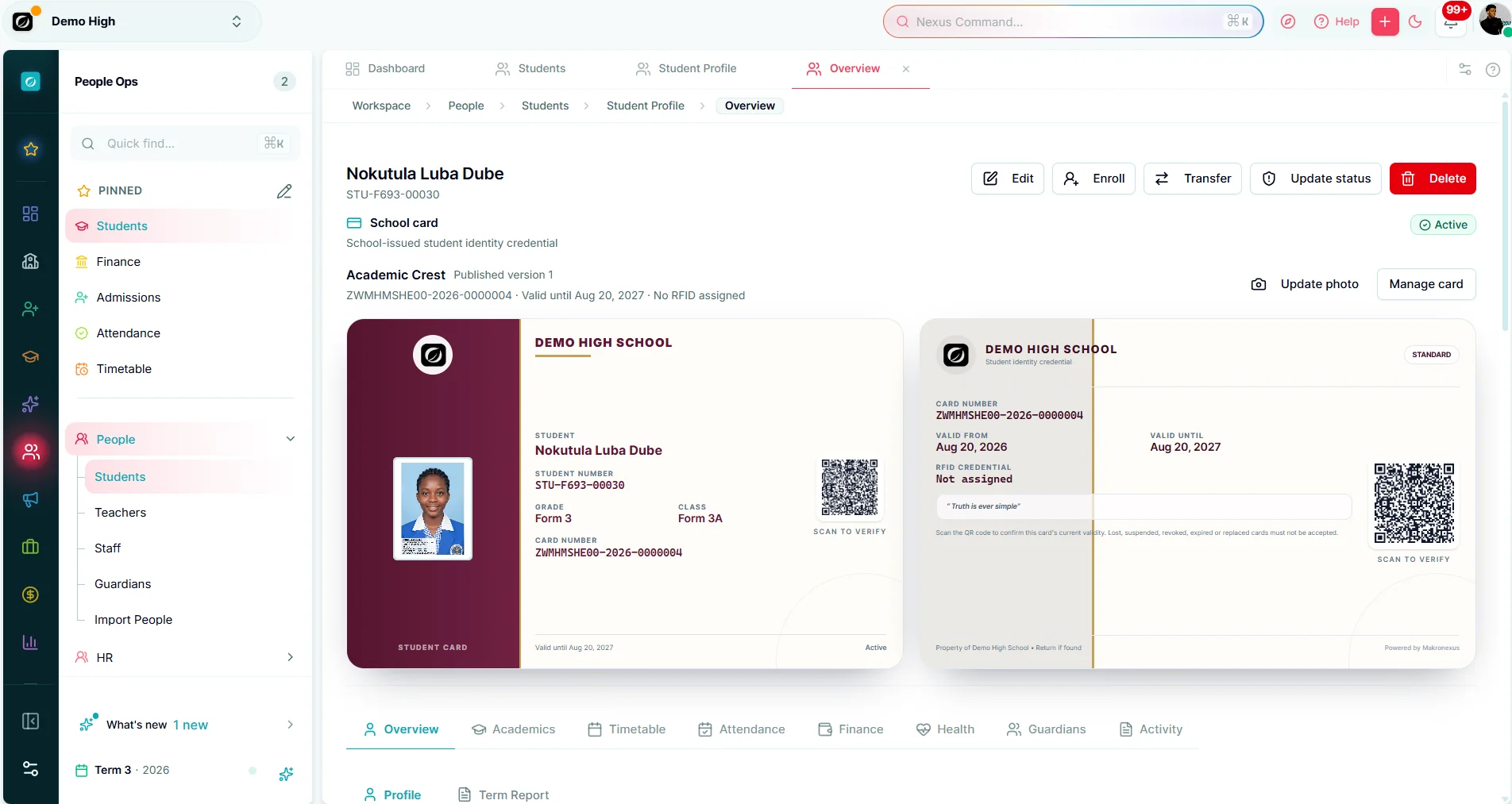 Student cards — Makronexus product screen