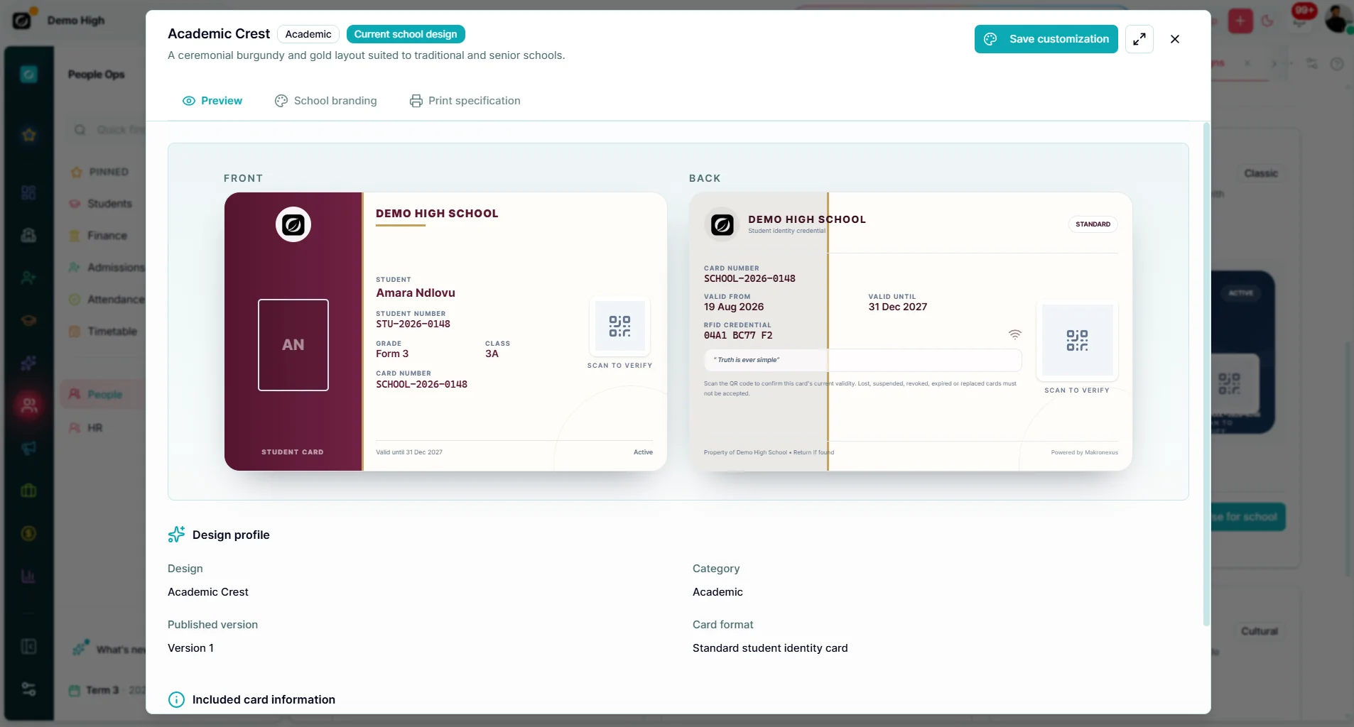 Student cards — Makronexus product screen