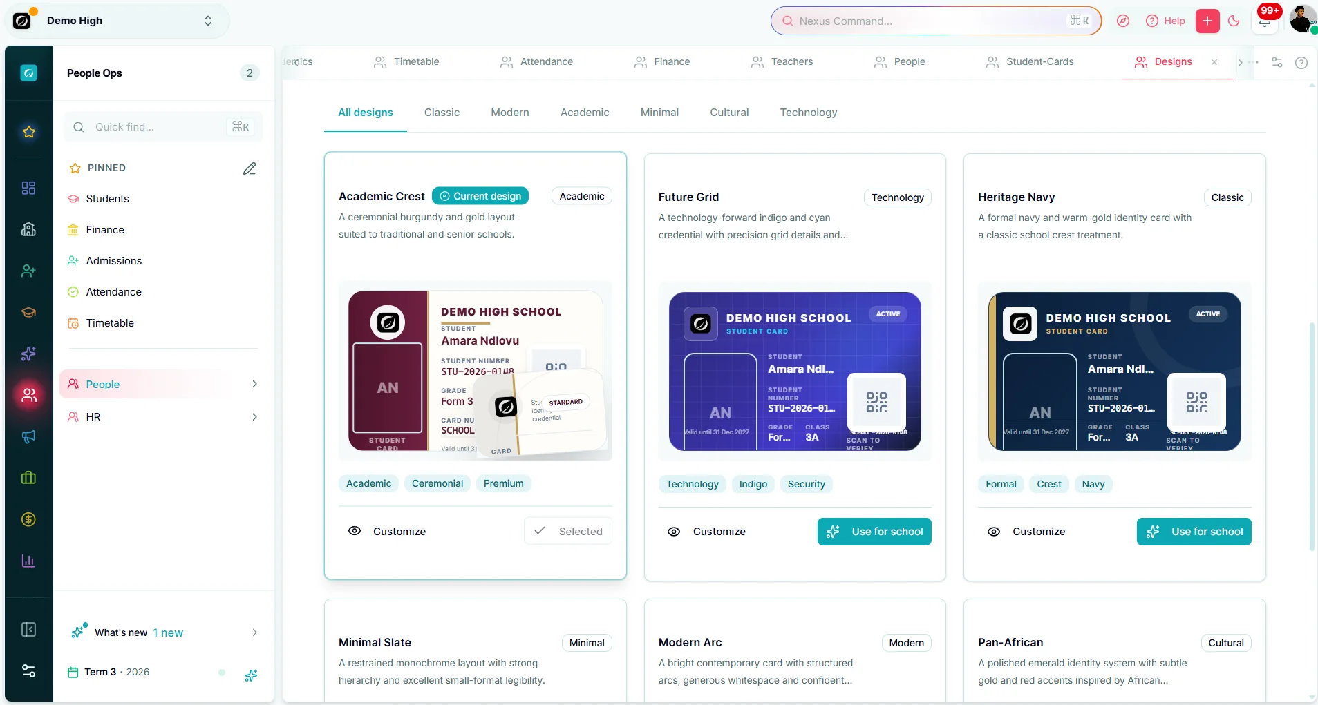 Student cards — Makronexus product screen